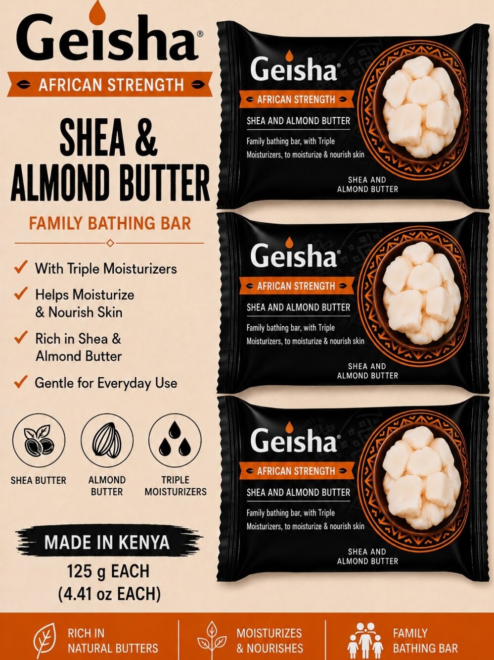 Geisha African Strength Shea & Almond Butter Soap 3 Bars Made in Kenya